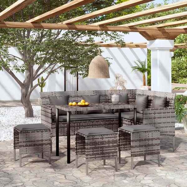 VidaXL 5 személyes szürke polyrattan L-alakú kanapészett párnákkal
