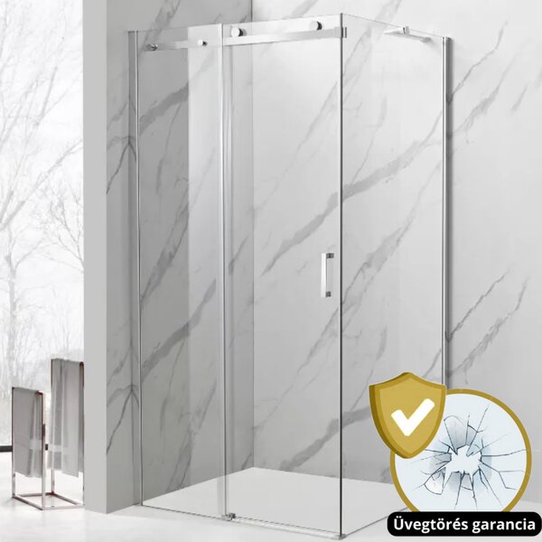 Victoria aszimmetrikus szögletes tolóajtós zuhanykabin 8 mm vastag vízlepergető biztonsági üveggel, krómozott elemekkel, 195 cm magas
