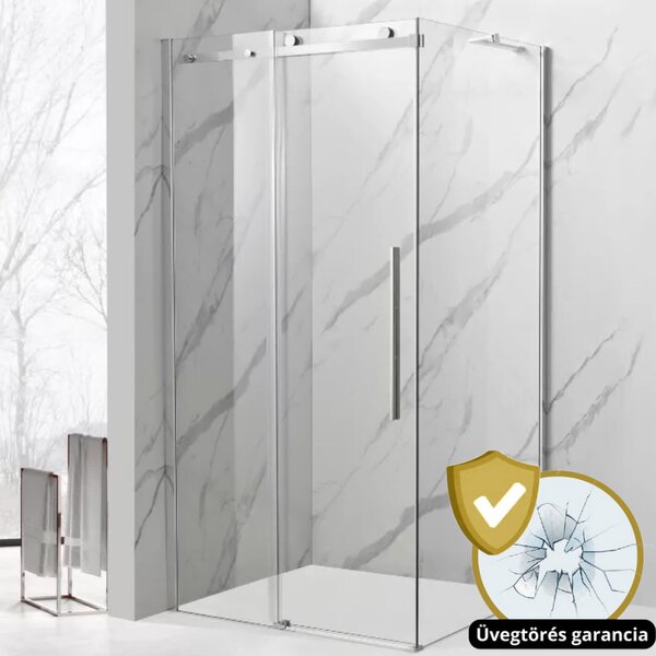 Victoria+ 120x80 aszimmetrikus szögletes tolóajtós zuhanykabin 8 mm vastag vízlepergető biztonsági üveggel, krómozott elemekkel, 195 cm magas