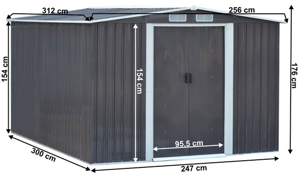 KONDELA Pléh kerti szerszámos ház, szürke/fehér, 2,6x3,1m, HAMAL TYP 3