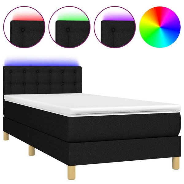 LED-es Ágy 90x200 cm - Fekete Szövet Matraccal