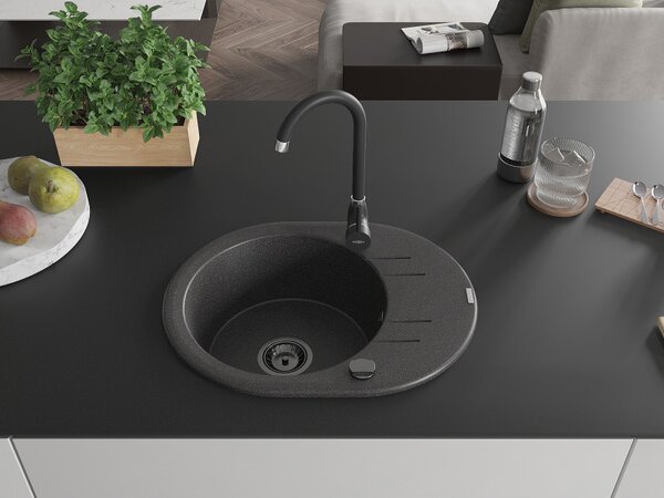 Mexen Kevin, gránit mosogató 586x458x190 mm, 1 kamrás, fekete foltos fekete szifonnal, 6517581005-76-B