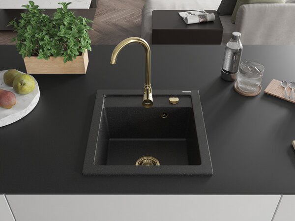 Mexen Vito, gránit mosogató 520x490x210 mm, 1 kamrás, fekete-ezüst metál arany szifonnal, 6503521000-73-G