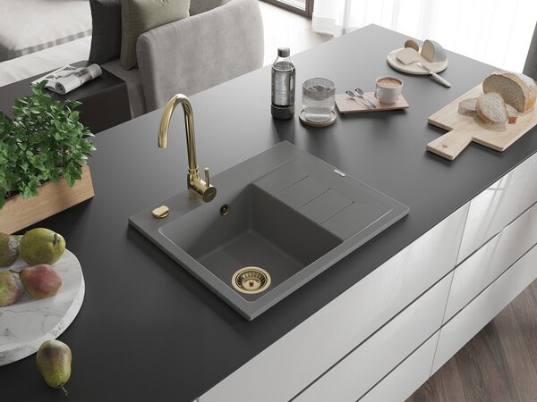 Mexen Ben, 1 kamrás gránit mosogató 600x500x190 mm, bal + arany szifon, szürke, 6522605000-71-G