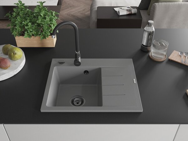 Mexen Ben, 1 kamrás gránit mosogató 600x500x190 mm, bal + fekete szifon, szürke, 6522605000-71-B
