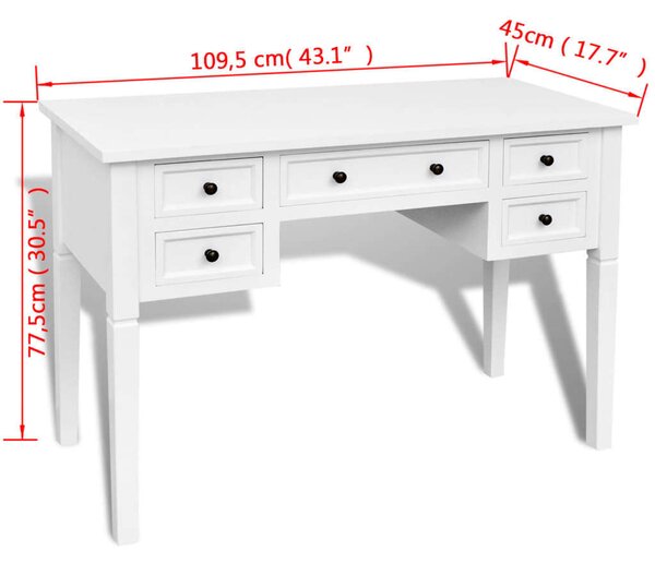 VidaXL Fehér Íróasztal - 5 Fiók - 110x45cm