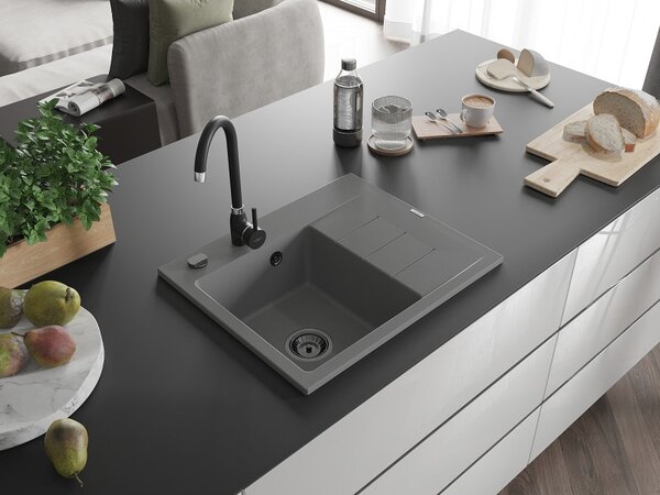 Mexen Ben, 1 kamrás gránit mosogató 600x500x190 mm, bal + fekete szifon, szürke, 6522605000-71-B