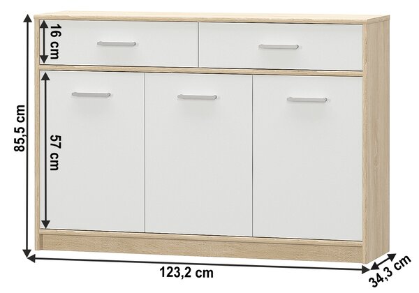 KONDELA komód 3D2S, fehér/tölgy sonoma, TEYO