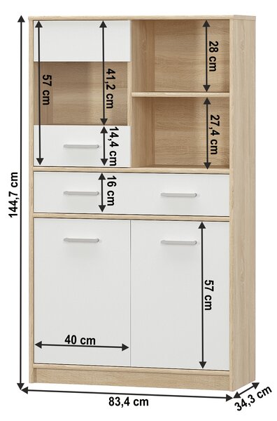 KONDELA Vitrines szekrény 2D1W1S/80, fehér/tölgy sonoma, TEYO