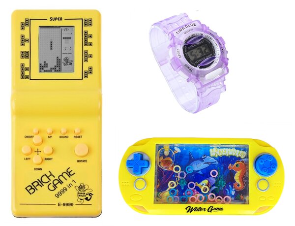 3 db-os retro játék szett tetrisszel, vízi karikás türelemjátékkal és gyermek karórával
