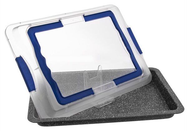 2in1 hordozható tepsi és kínáló tálca - nagy méretű tepsi átlátszó műanyag fedővel - 42 x 28,5 x 4,5 cm