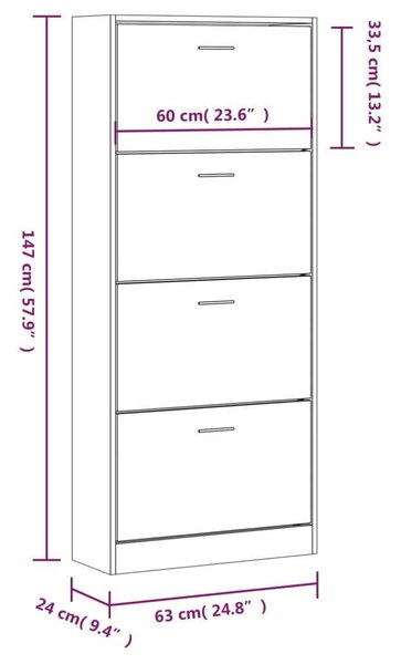 VidaXL magasfényű fehér szerelt fa cipőszekrény 63x24x147 cm