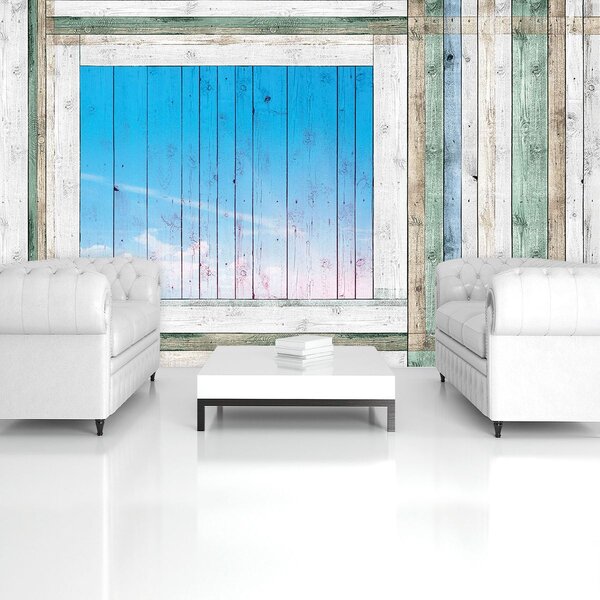 Fotótapéta - Fa deszkák - kék ablak (152,5x104 cm)