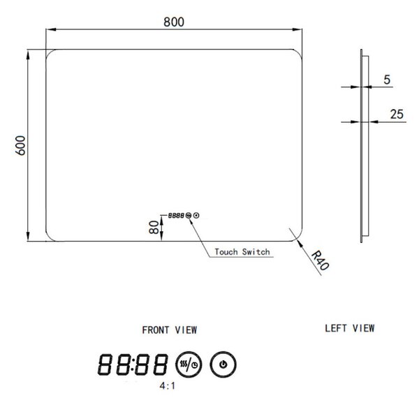Tükör LED világítással 80x60cm | Páramentesítő funkció | Beépített óra | Fényerő és színhőmérséklet szabályozás | Welland Type-1HS