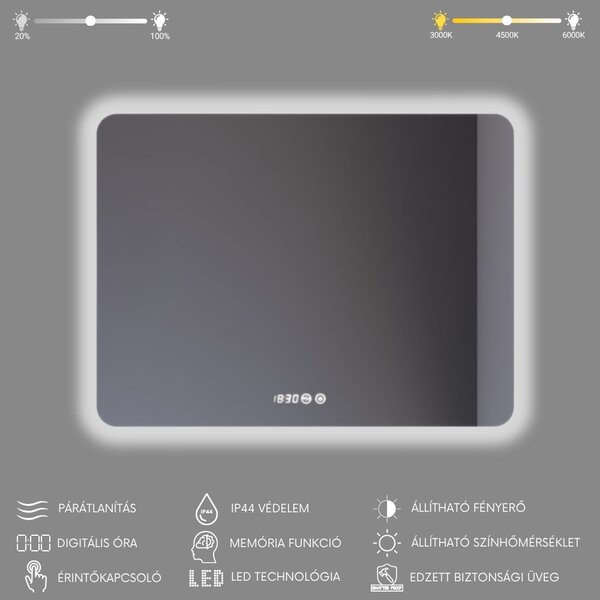 Tükör LED világítással 80x60cm | Páramentesítő funkció | Beépített óra | Fényerő és színhőmérséklet szabályozás | Welland Type-1HS