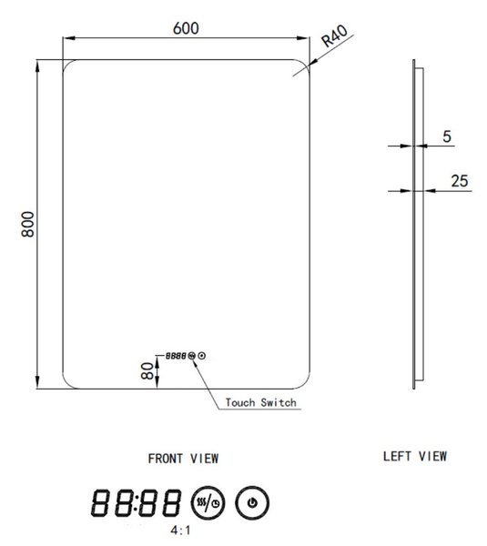 Tükör LED világítással 60x80cm | Páramentesítő funkció | Beépített óra | Fényerő és színhőmérséklet szabályozás | Welland Type-1VS