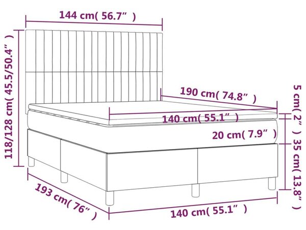 VidaXL világosszürke bársony rugós és LED-es ágy matraccal 140x190 cm