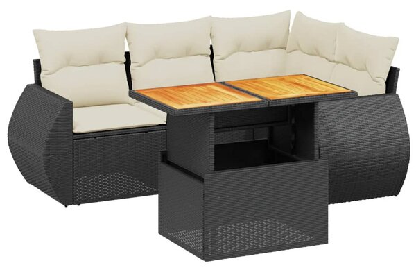 5 részes fekete polyrattan kerti kanapészett párnákkal
