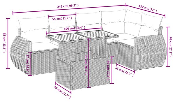 6 részes fekete polyrattan kerti ülőgarnitúra párnákkal