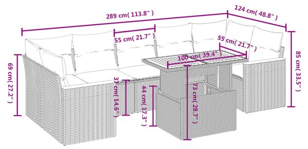 8 részes fekete polyrattan kerti ülőgarnitúra párnákkal