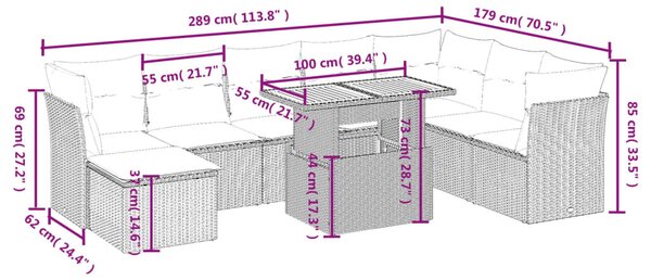 9 részes fekete polyrattan kerti ülőgarnitúra párnákkal