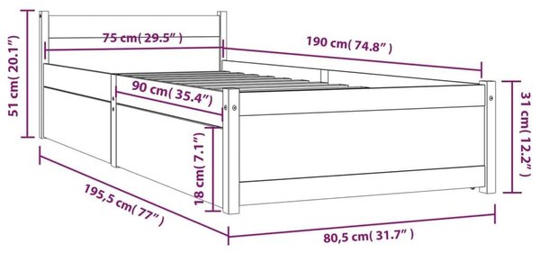 VidaXL Tömörfenyő Ágykeret Fiókkal - 75x190 cm