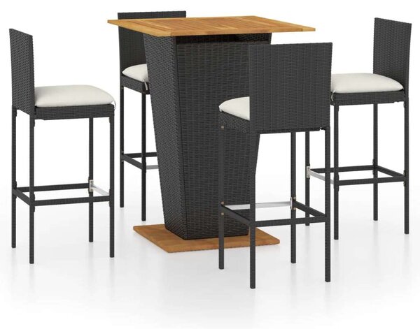 VidaXL 5 részes fekete polyrattan kerti bárszett párnákkal