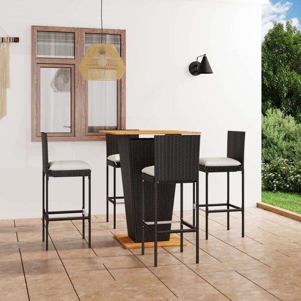 VidaXL 5 részes fekete polyrattan kerti bárszett párnákkal