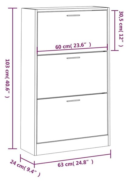 VidaXL Cipősszekrény - 3 Fiók - Barna Tölgy - 63x24x103 cm
