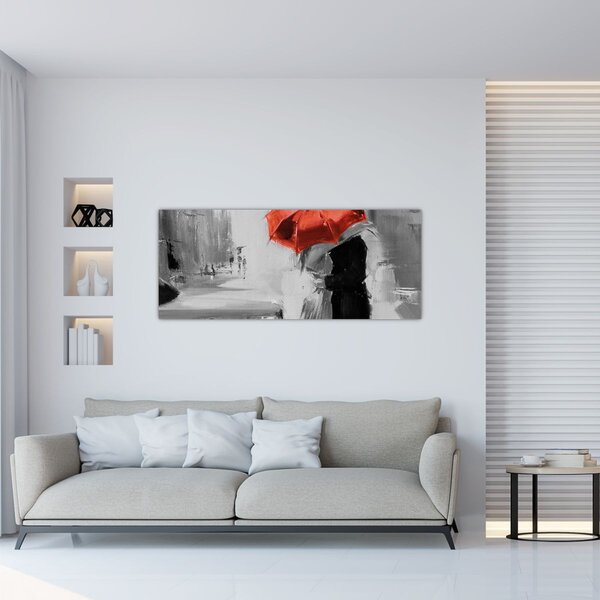 Kép - Szerelmespár egy esernyő alatt, piros (120x50 cm)