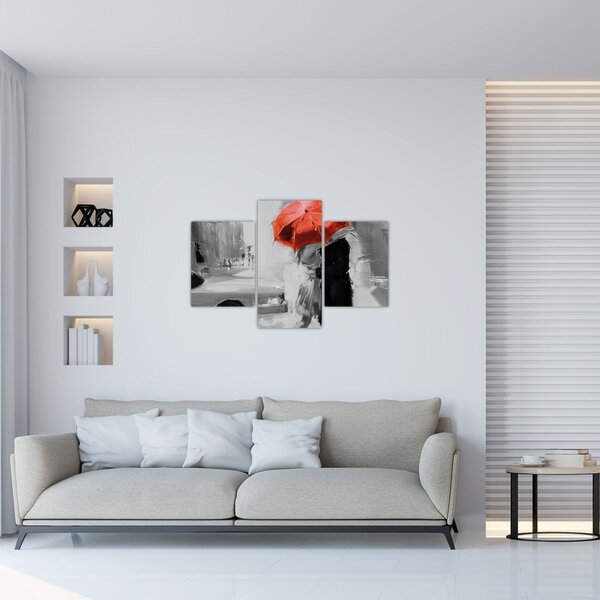 Kép - Szerelmespár egy esernyő alatt, piros (90x60 cm)