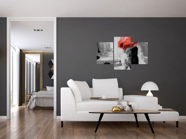 Kép - Szerelmespár egy esernyő alatt, piros (90x60 cm)