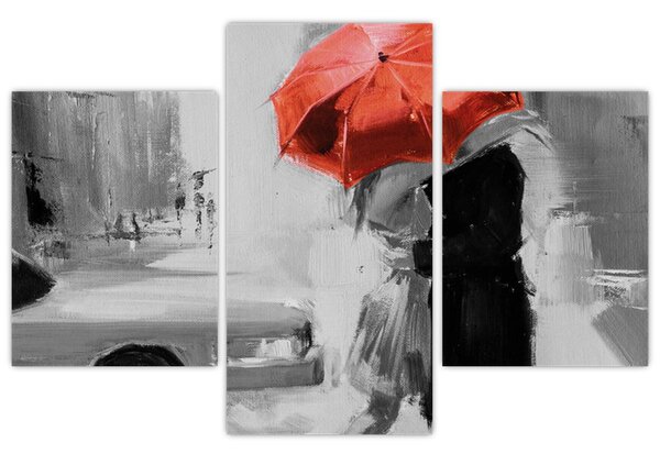 Kép - Szerelmespár egy esernyő alatt, piros (90x60 cm)