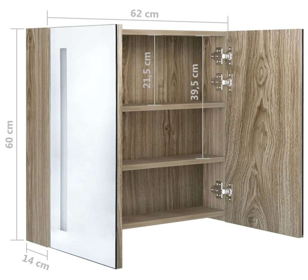 VidaXL tölgyszínű LED-es tükrös fürdőszobaszekrény 62 x 14 x 60 cm