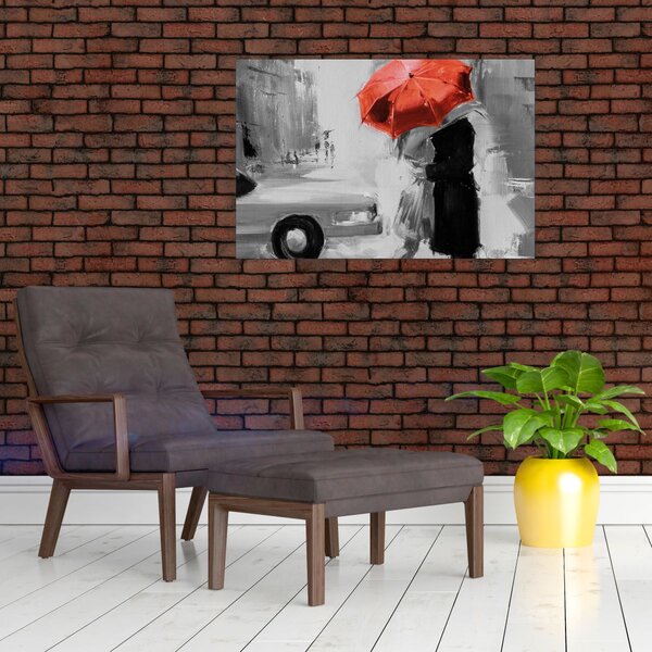 Kép - Szerelmespár egy esernyő alatt, piros (90x60 cm)