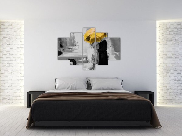 Kép - Szerelmespár egy esernyő alatt, sárga (150x105 cm)