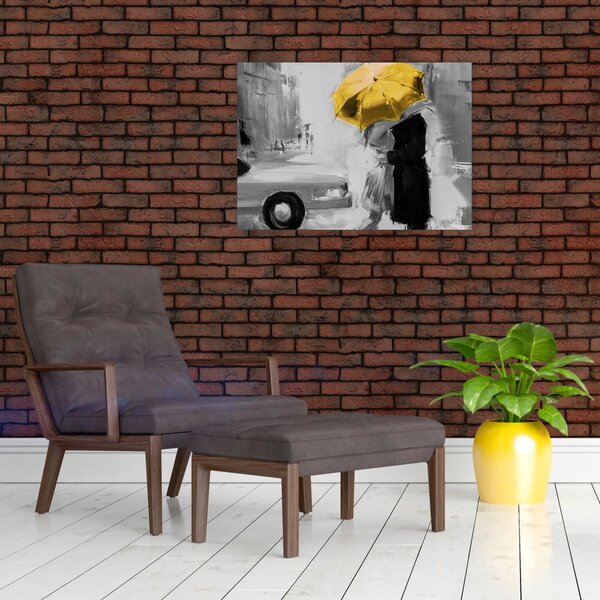 Kép - Szerelmespár egy esernyő alatt, sárga (70x50 cm)