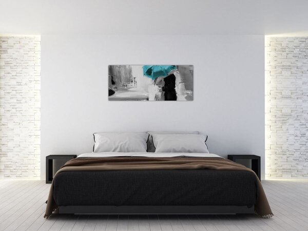 Kép - Szerelmes pár esernyővel, kék (120x50 cm)