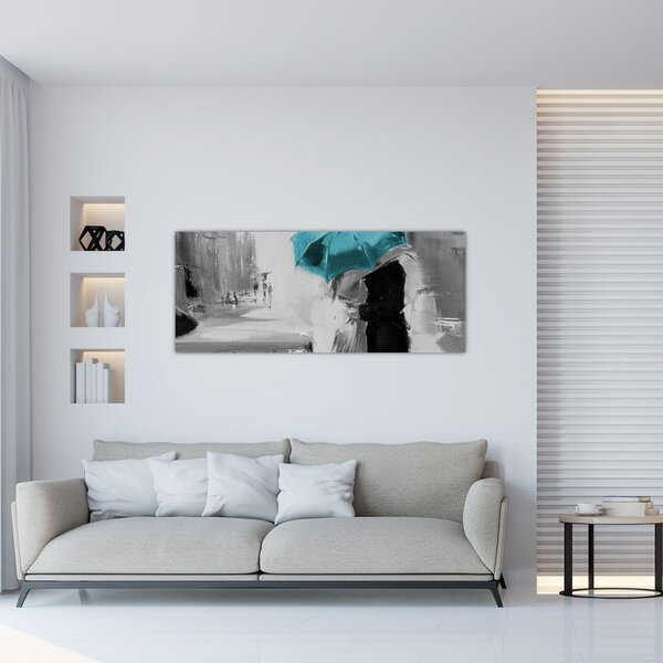 Kép - Szerelmes pár esernyővel, kék (120x50 cm)