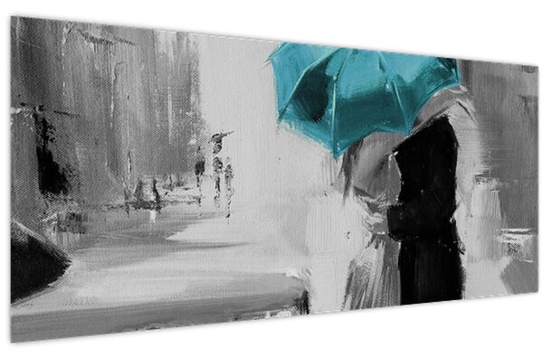 Kép - Szerelmes pár esernyővel, kék (120x50 cm)