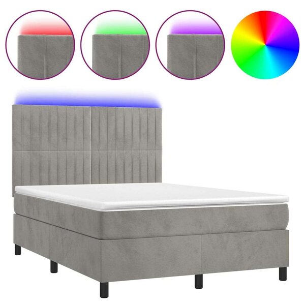 VidaXL világosszürke bársony rugós és LED-es ágy matraccal 140x190 cm