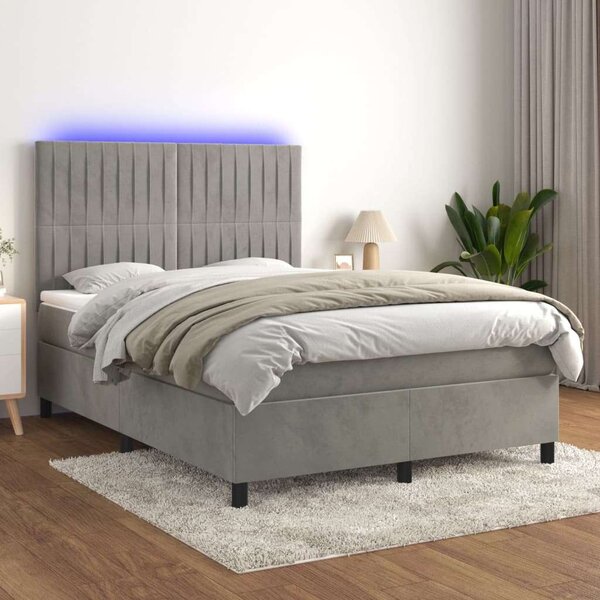 VidaXL világosszürke bársony rugós és LED-es ágy matraccal 140x190 cm