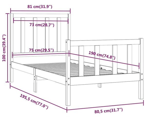 VidaXL Fekete Fenyőfa Ágykeret - 75x190 cm