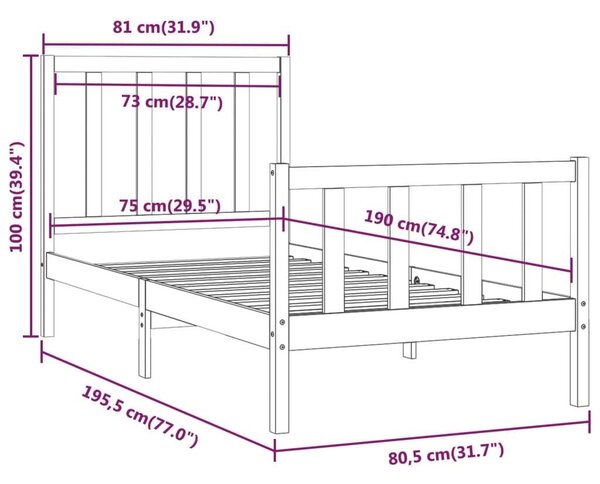 VidaXL Fekete Fenyőfa Ágykeret - 75x190 cm