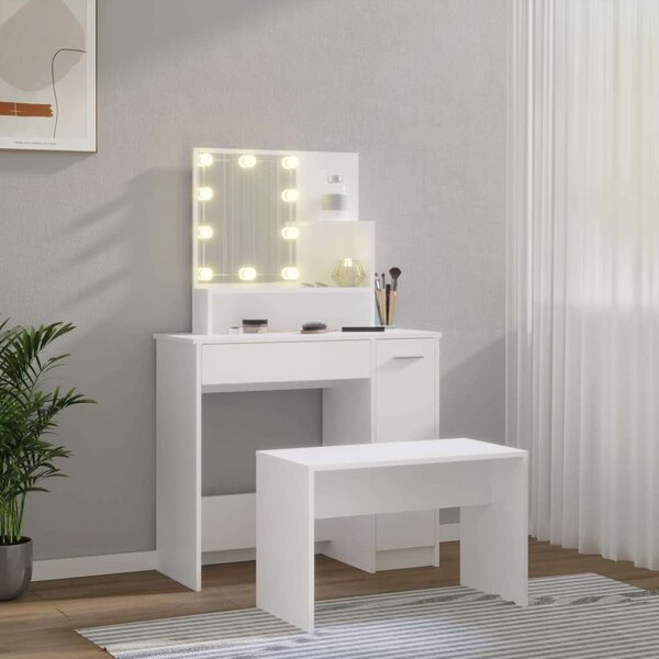 Fehér LED-es Sminkasztal Szett Székkel