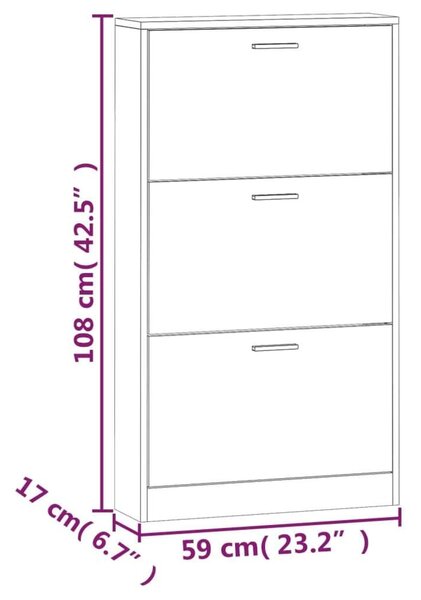 VidaXL Cipőszekrény - 3 Fiókos - Fehér - 59x17x108 cm
