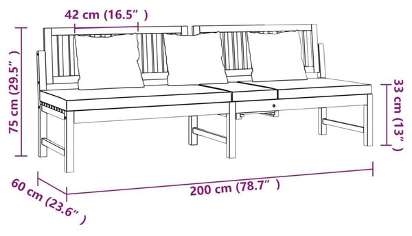 VidaXL tömör akácfa kanapé szürke párnákkal 200 x 60 x 75 cm