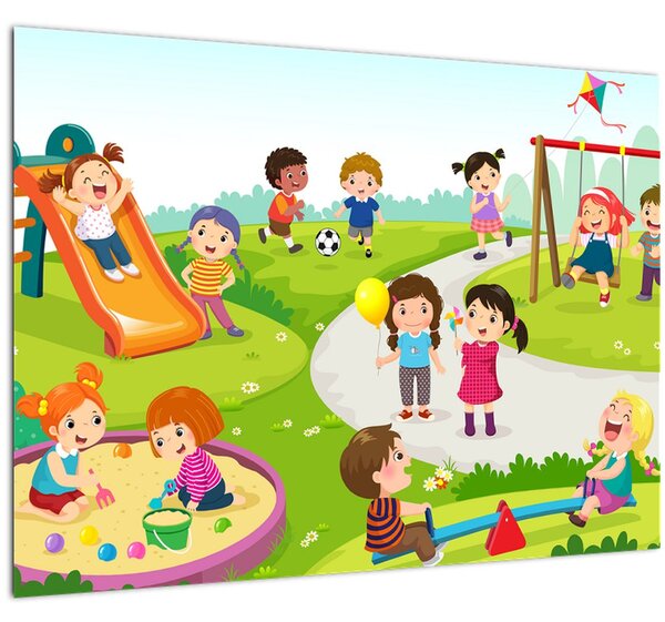 Kép a gyermekek szórakozásáról a homokozóban (üvegen) (70x50 cm)