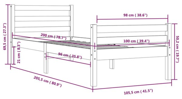 VidaXL fekete tömör fa ágykeret 100 x 200 cm