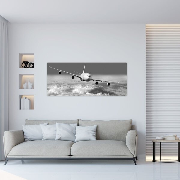 Kép - Repülőgép a felhőkben, fekete-fehér (120x50 cm)